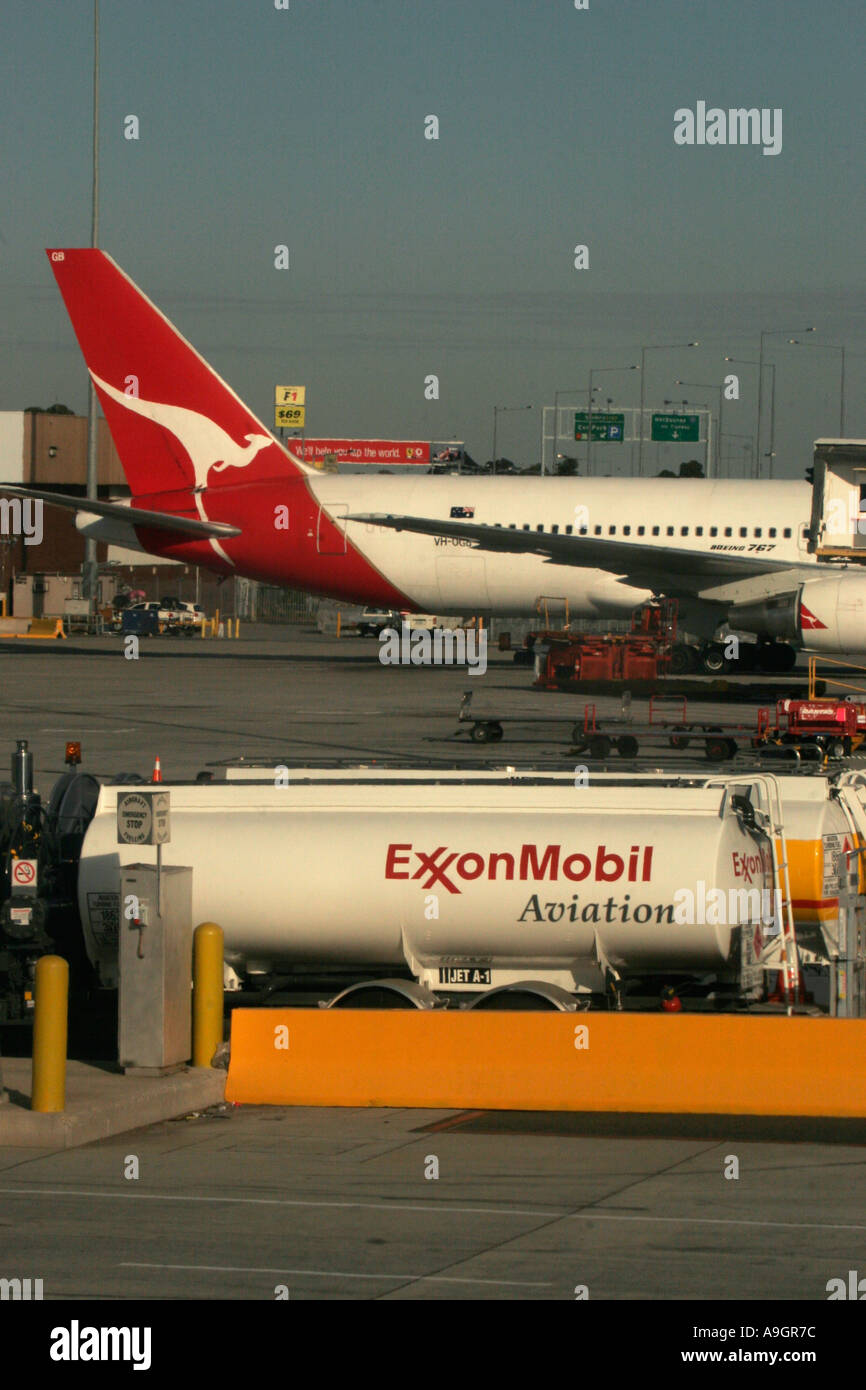 Exxon Mobil aviation refuel tanker at Melbourne airport Australia Stock Photo