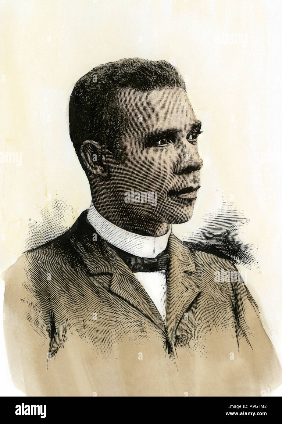 Booker T Washington president of Tuskegee Normal School 1890s. Hand-colored woodcut Stock Photo