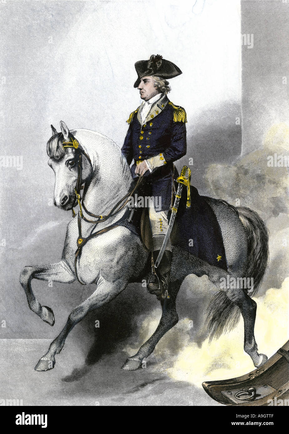 American General Horatio Gates on horseback during the Revolutionary War. Hand-colored steel engraving Stock Photo