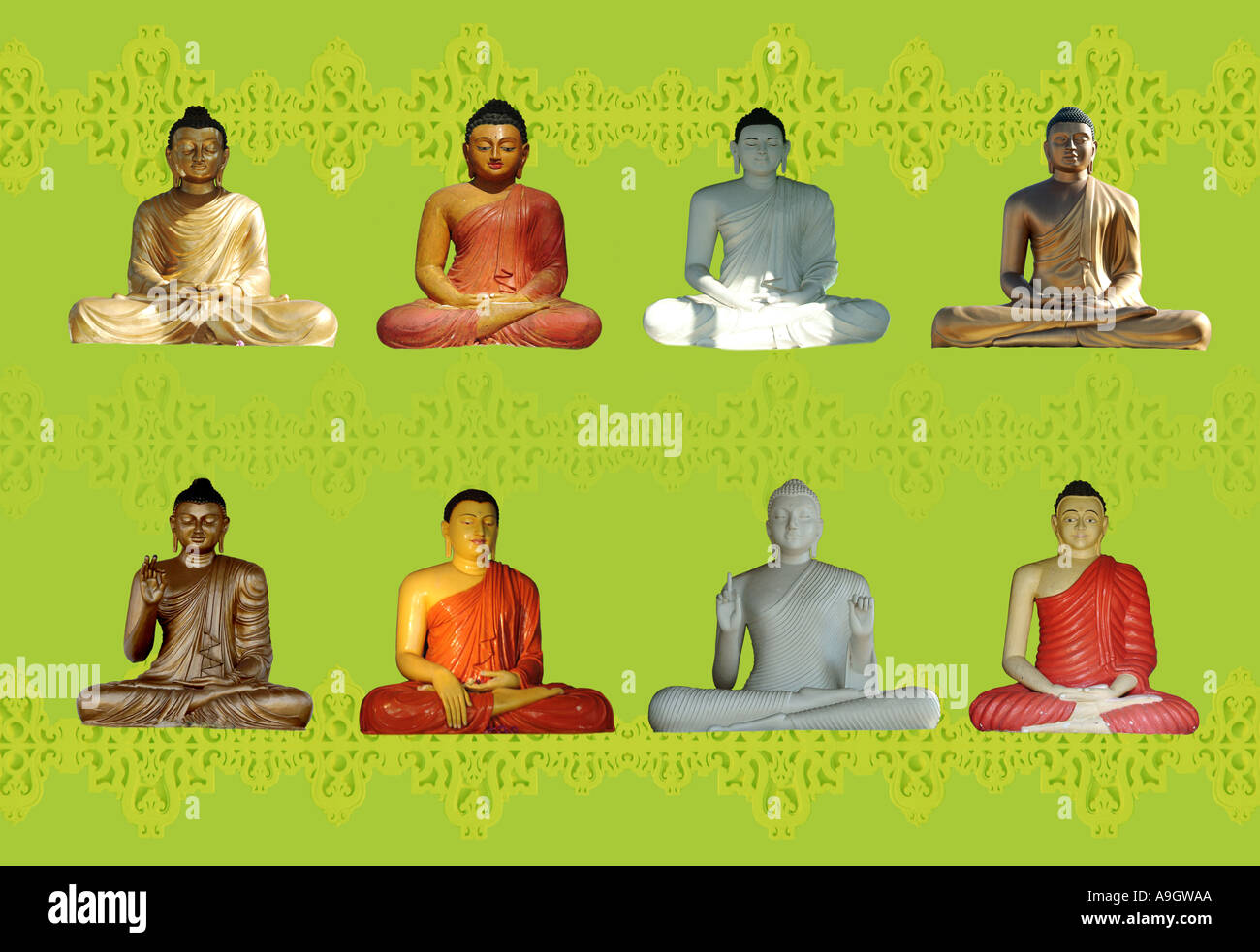 pattern created from eight different bhudda statues from sri lanka Stock Photo