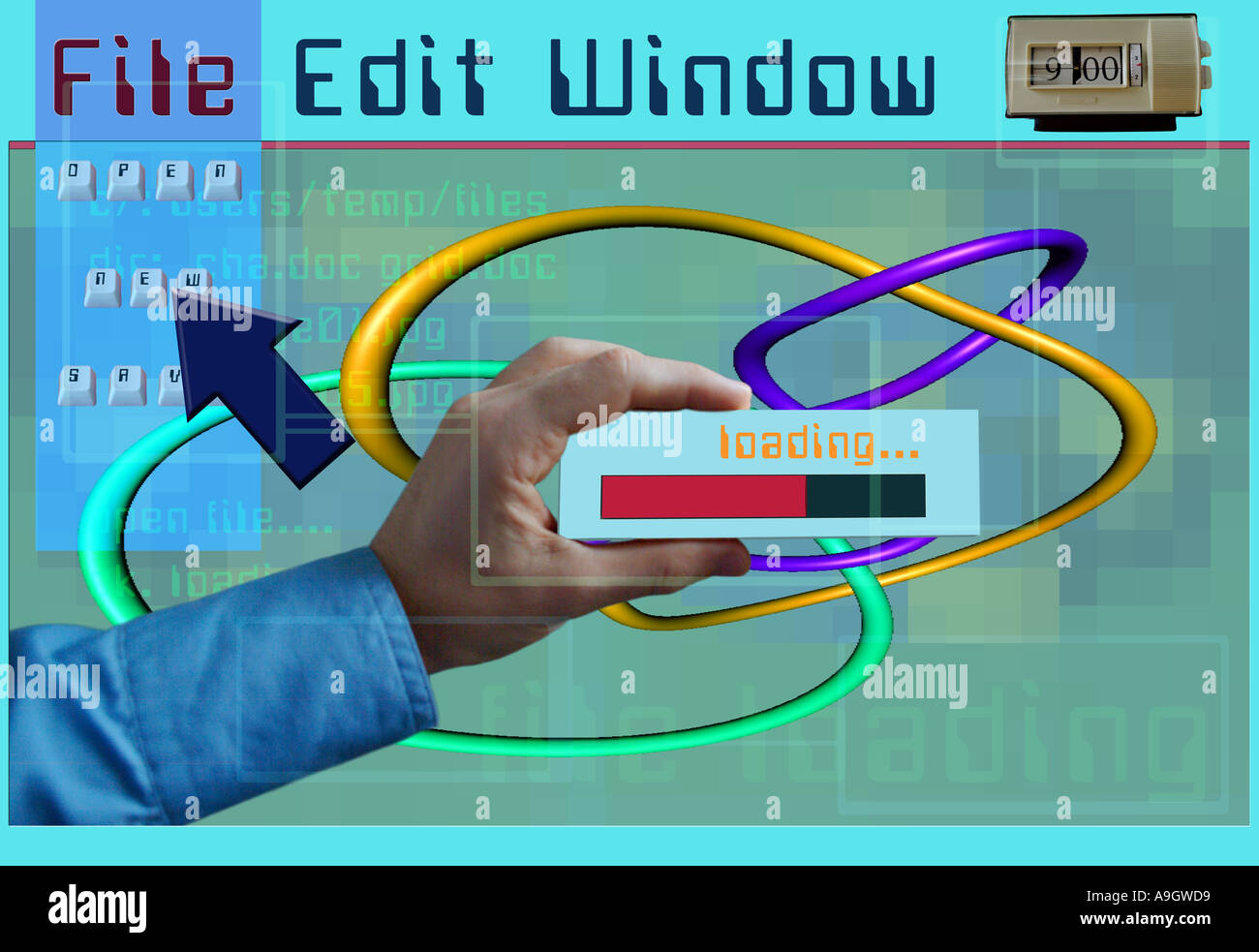 a representation of a computer loading some software created from various bits Stock Photo