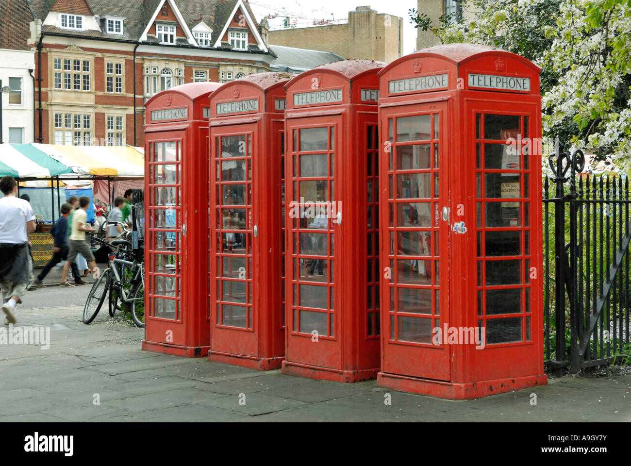 Four public telephone kiosks near the Market Square, Cambridge Stock Photo