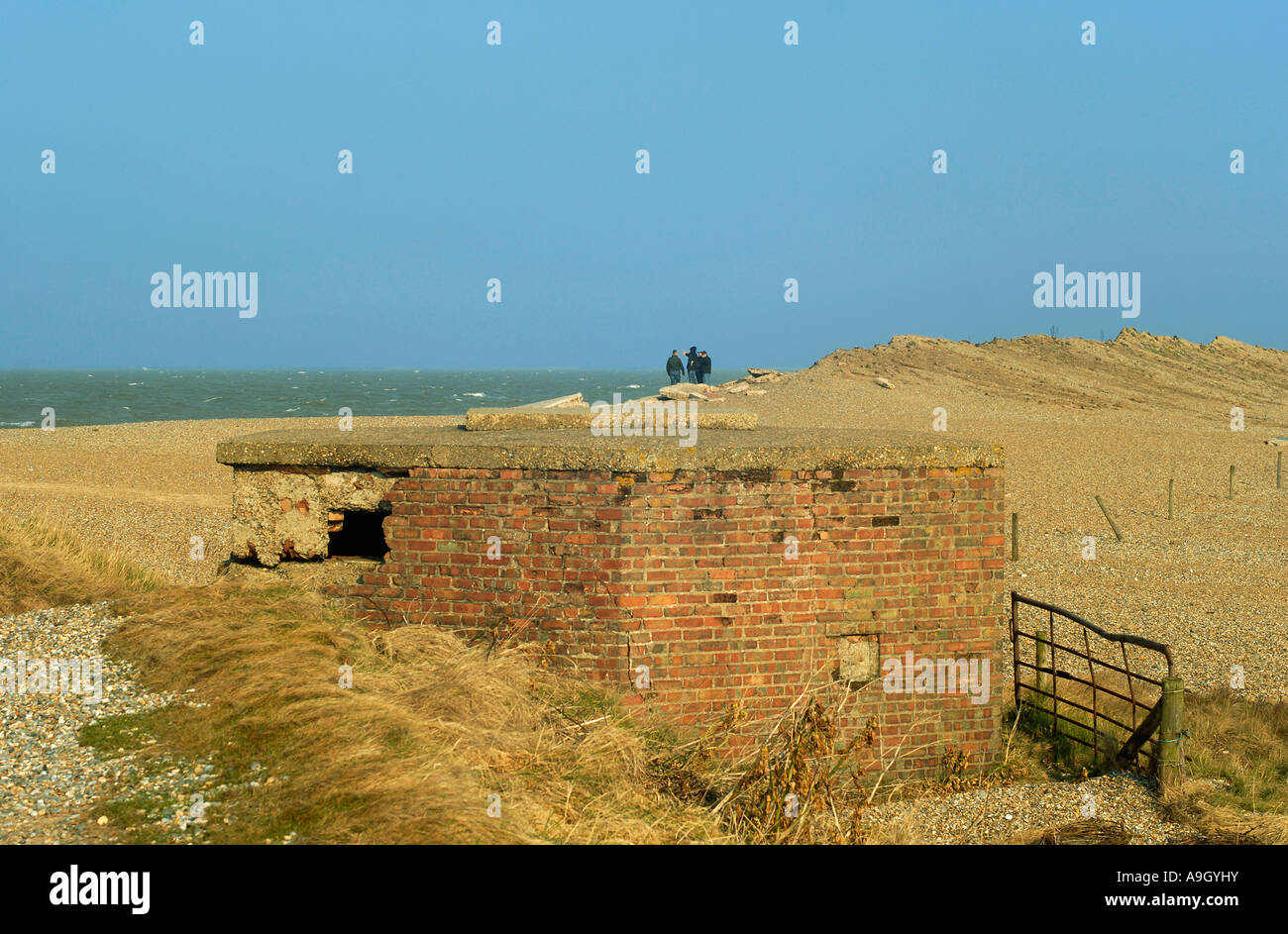 World War II Pill box on the beach near Cley, Norfolk, England Stock