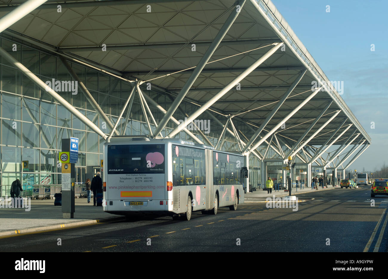 Bus in front of the terminal building at Stansted Airport Stock Photo Alamy