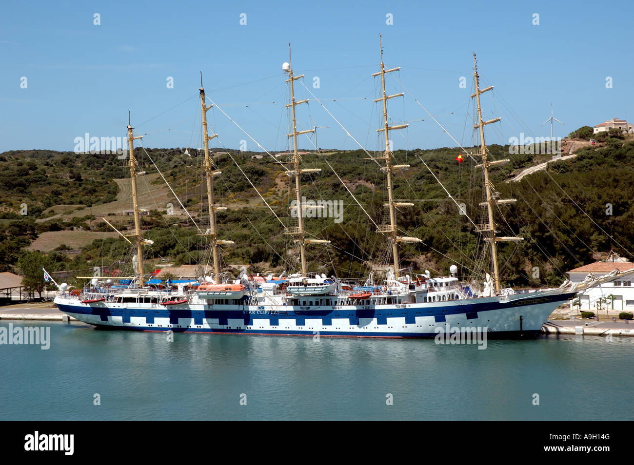 Five-masted sailing ship Royal Clipper berthed in Mahon harbour Stock Photo