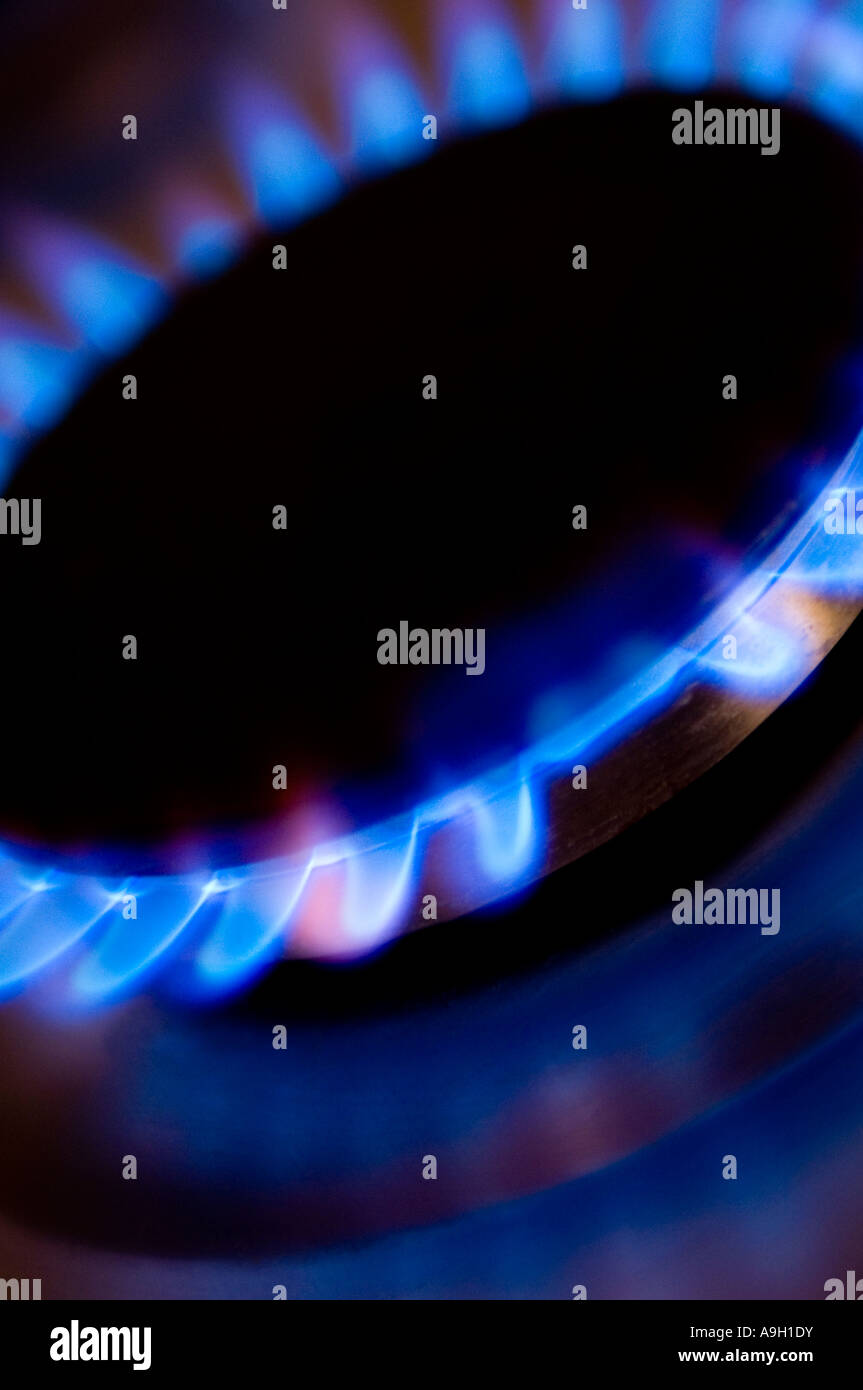 Lit gas ring on a domestic cooker hob 4 OF 6 Stock Photo