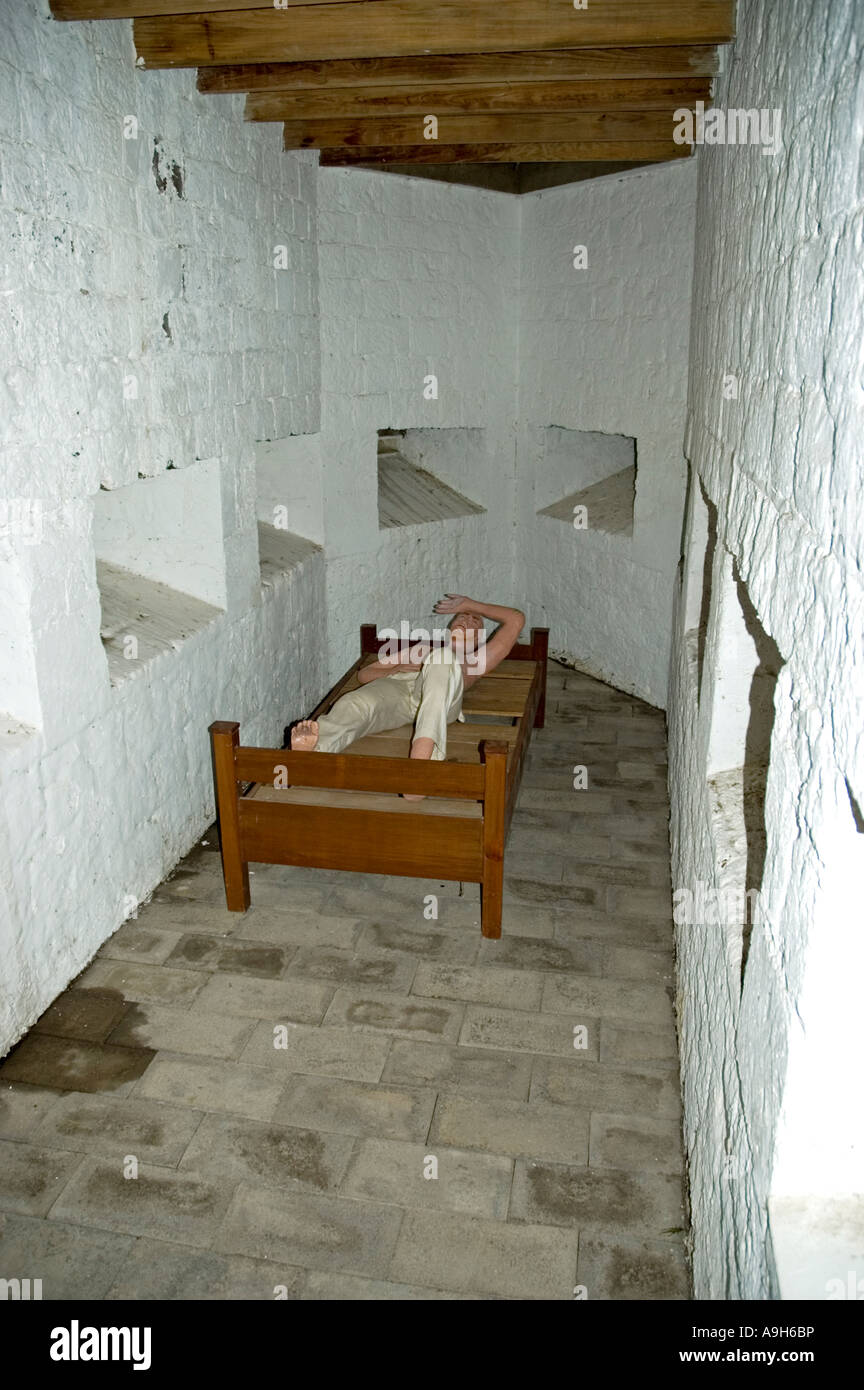 Restored Barrack Room with model of soldier resting on a bed, Fort George Museum, The Citadel, Brimstone Hill Fortress Stock Photo