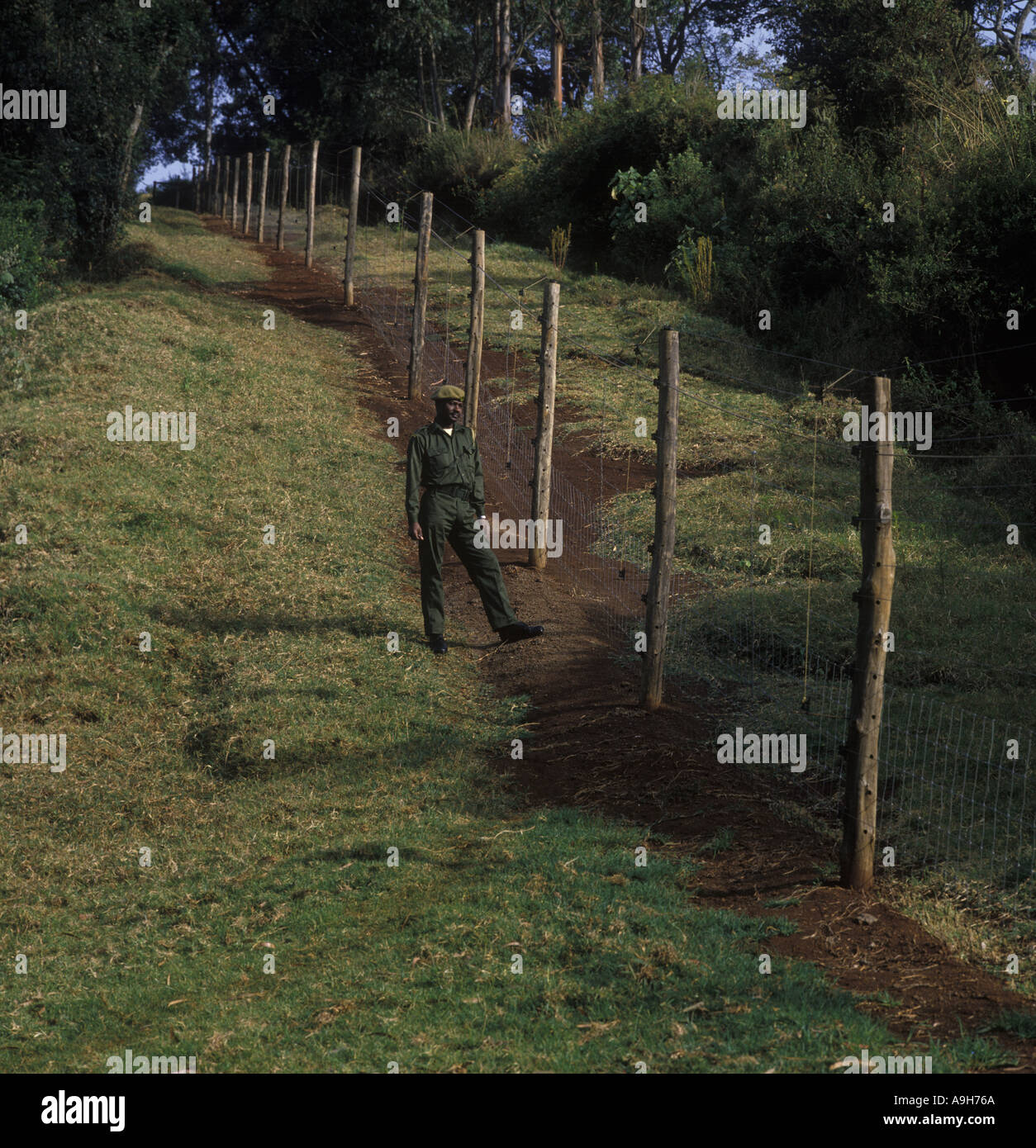 Reserves Game warden standing by new electric fence Aberdare National Park Kenya Stock Photo