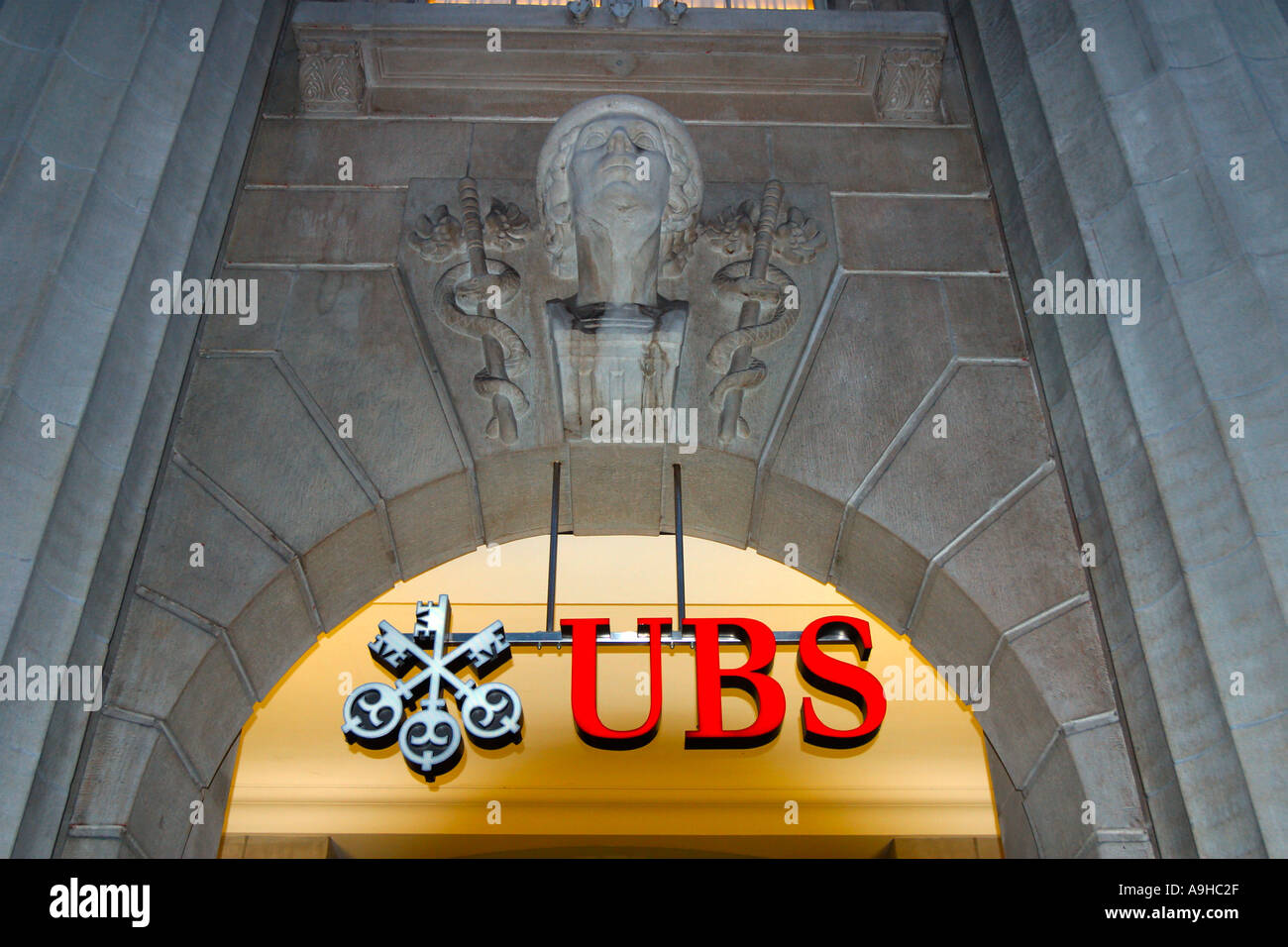 Switzerland Zurich Ubs Bank Logo Sculpture Head Stock Photo