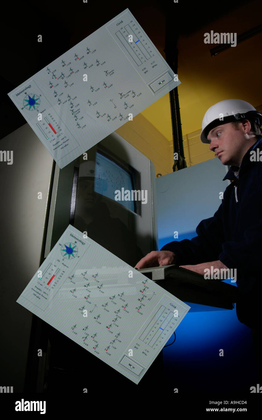 Composite of computerized wind farm control room interior with