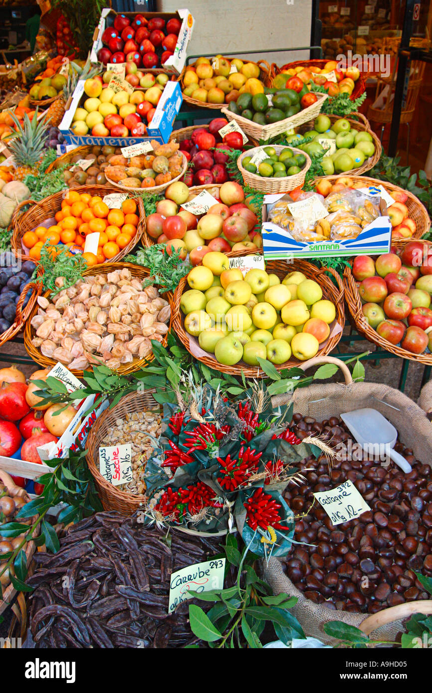 Switzerland Tessin Lugano old city center Via Pessina fruit and vegetable stall delicatessen outdoor Stock Photo