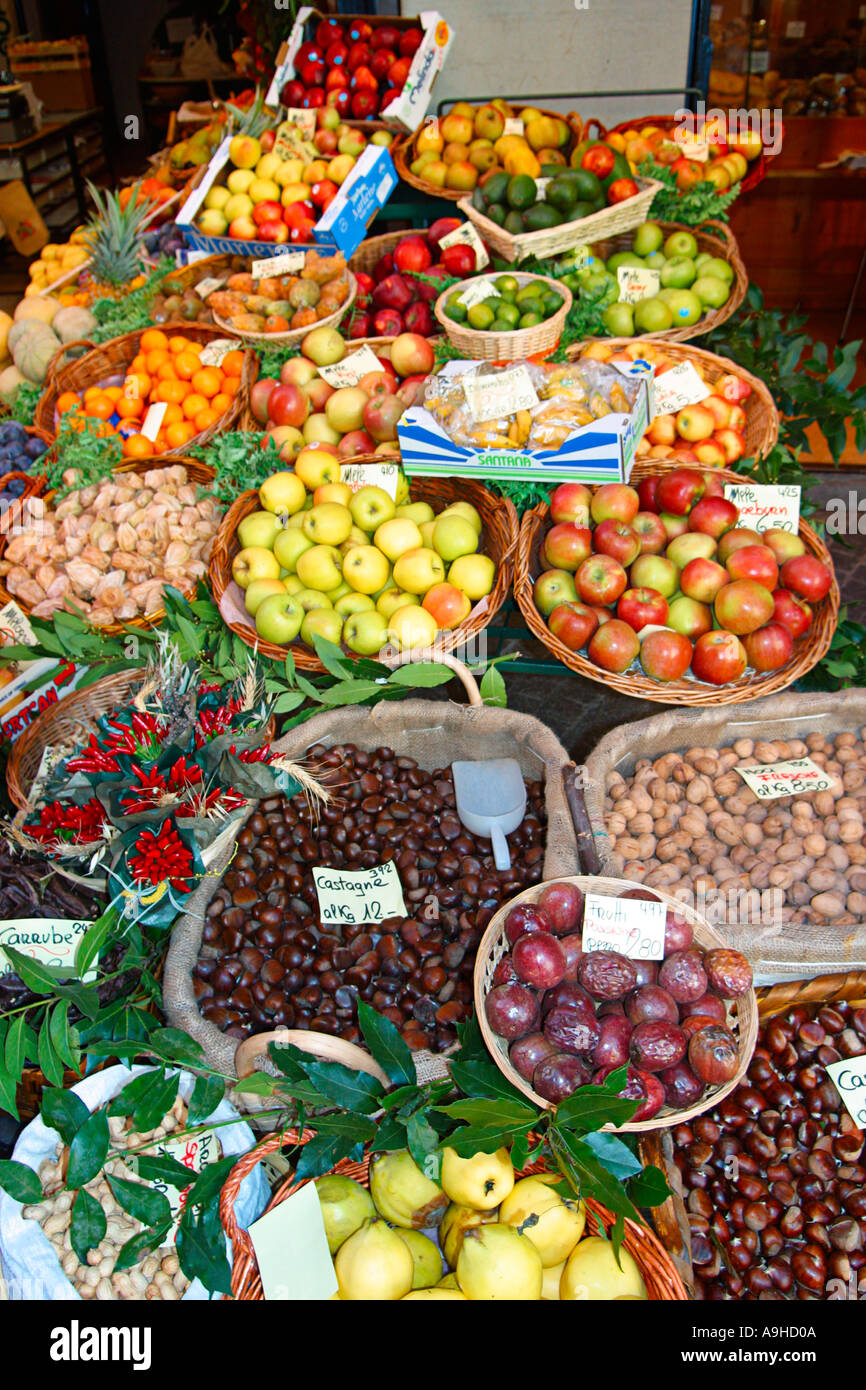 Switzerland Tessin Lugano old city center Via Pessina fruit and vegetable stall delicatessen outdoor Stock Photo