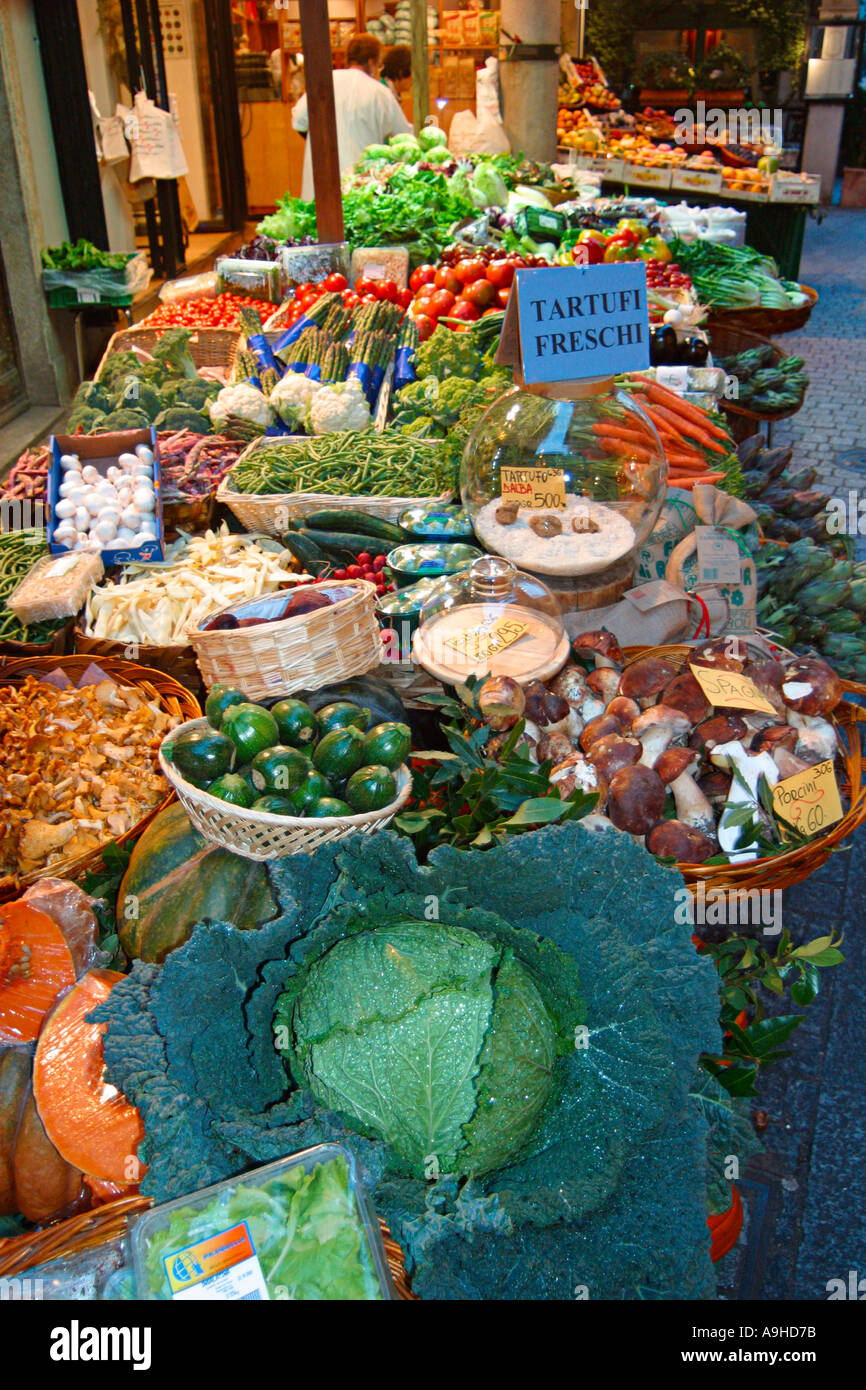 Switzerland Tessin Lugano old city center Via Pessina fruit and vegetable stall delicatessen outdoor Stock Photo