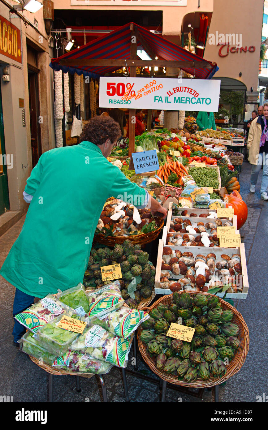 Switzerland Tessin Lugano old city center Via Pessina delicatessen outdoor vegetable Tartufi freschi fresh truffle  Stock Photo