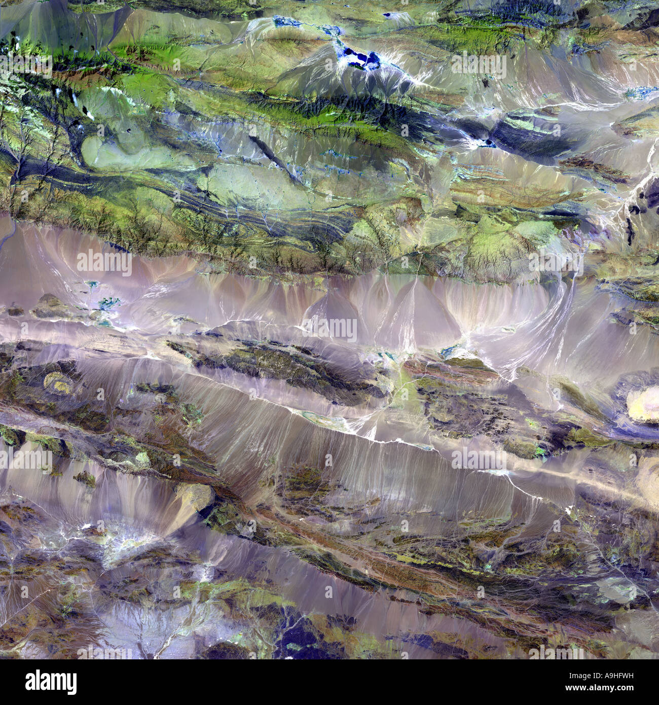 The Edrengiyn Nuruu between the Mongolian steppes and northern China as seen from Space Stock Photo