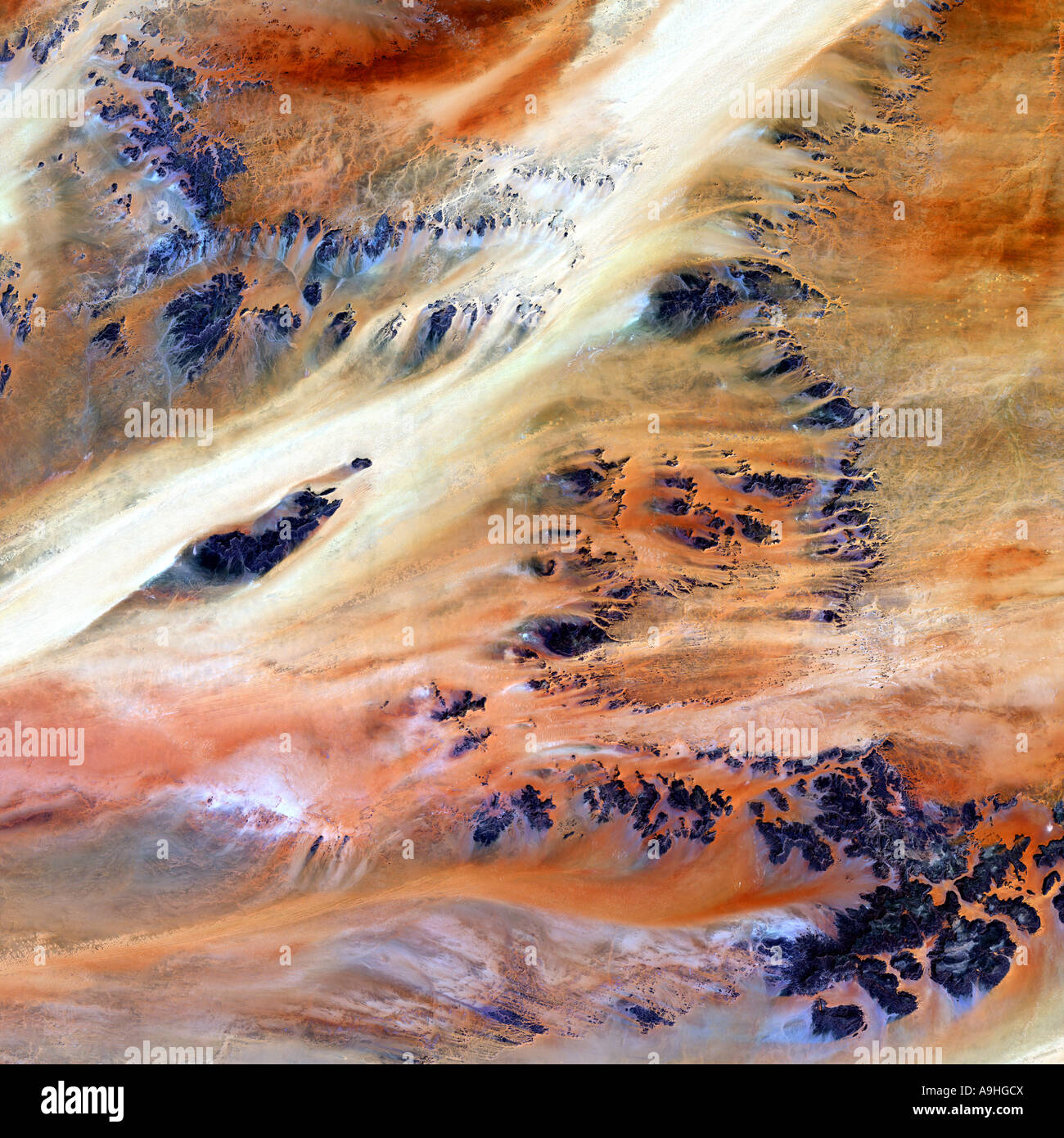 Sahara Desert landscape near the Terkezi Oasis in the country of Chad as seen from Space Stock Photo