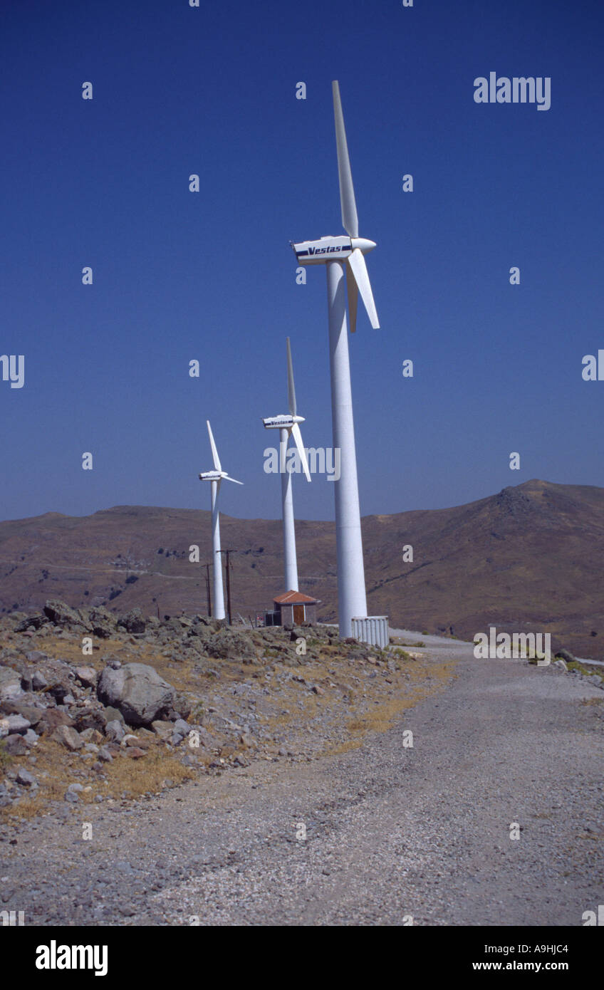 Wind farm on island of Lesbos Greece Stock Photo