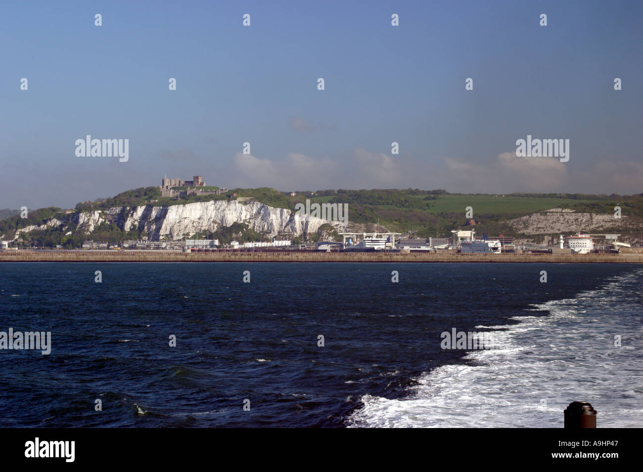 White Cliffs of Dover from stern of Speedferries catamaran early morning Stock Photo
