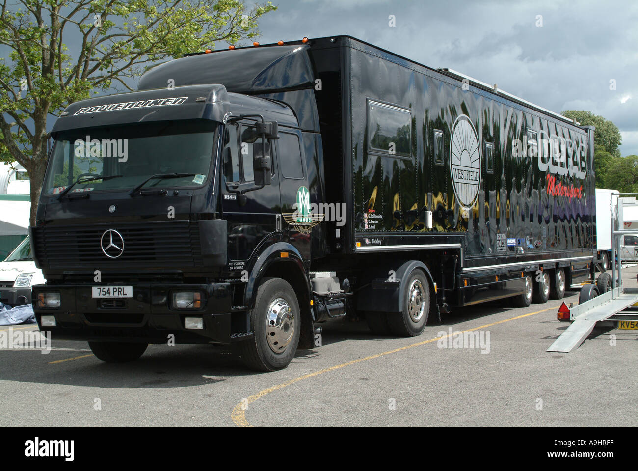 Black Mercedes Westfield Car Transporter at Oulton Park Motor Racing Circuit Cheshire England United Kingdom UK Stock Photo