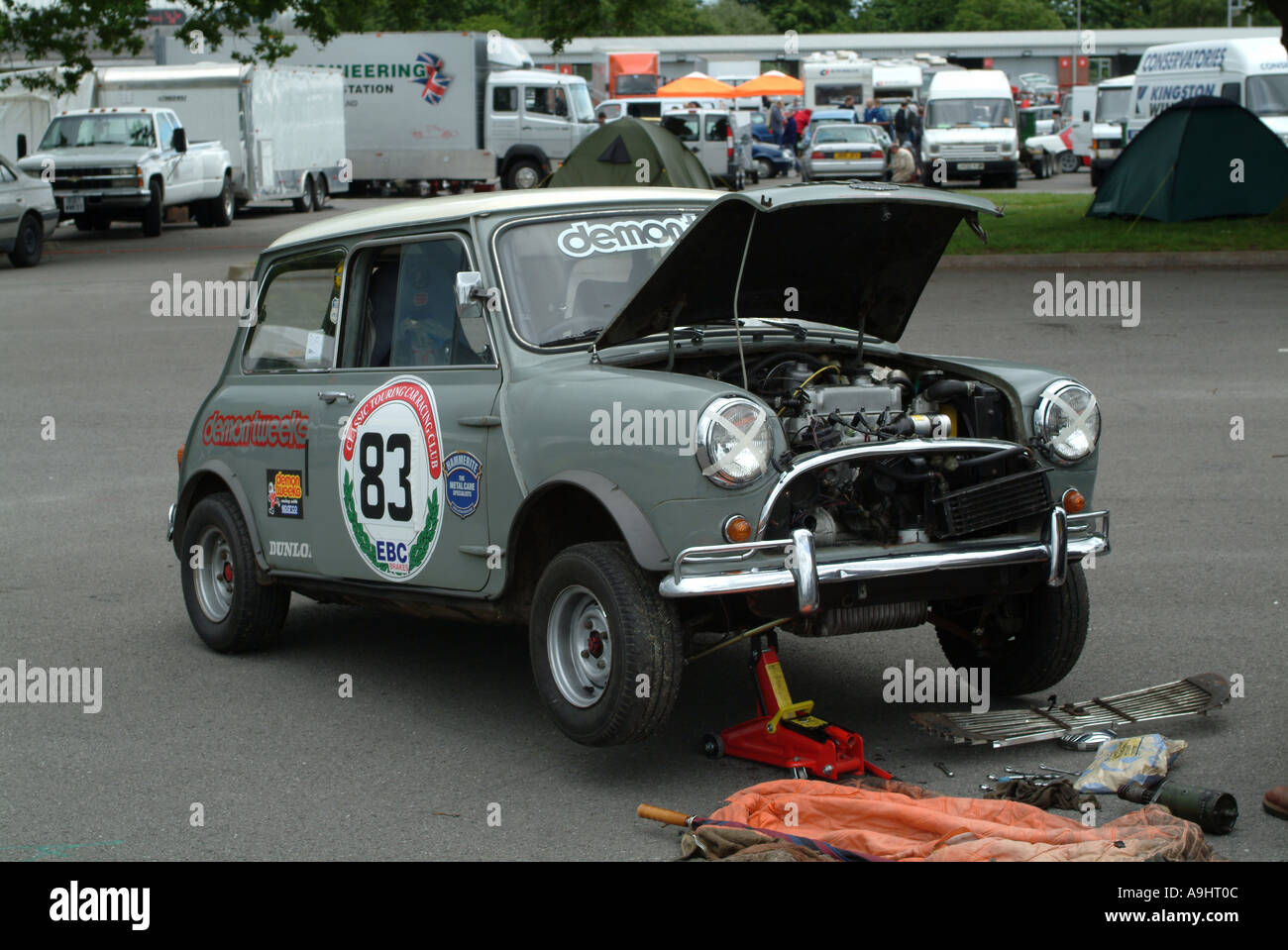 Grey Mini Austin Cooper S 1275 on Jacks at Oulton Park Motor Racing
