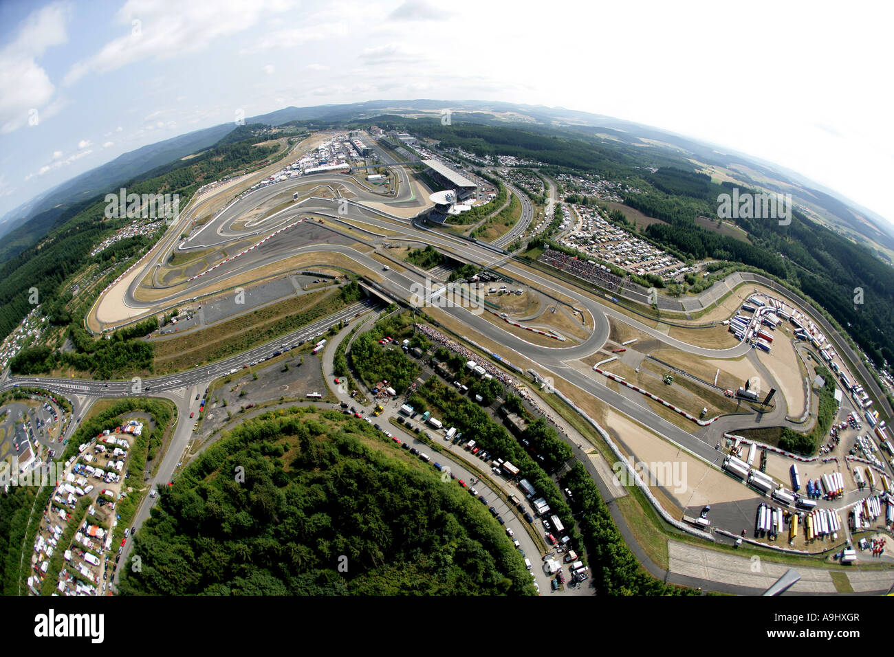 Air view from the racetrack Nuerburgring Rhineland-Palatinate Germany Stock Photo
