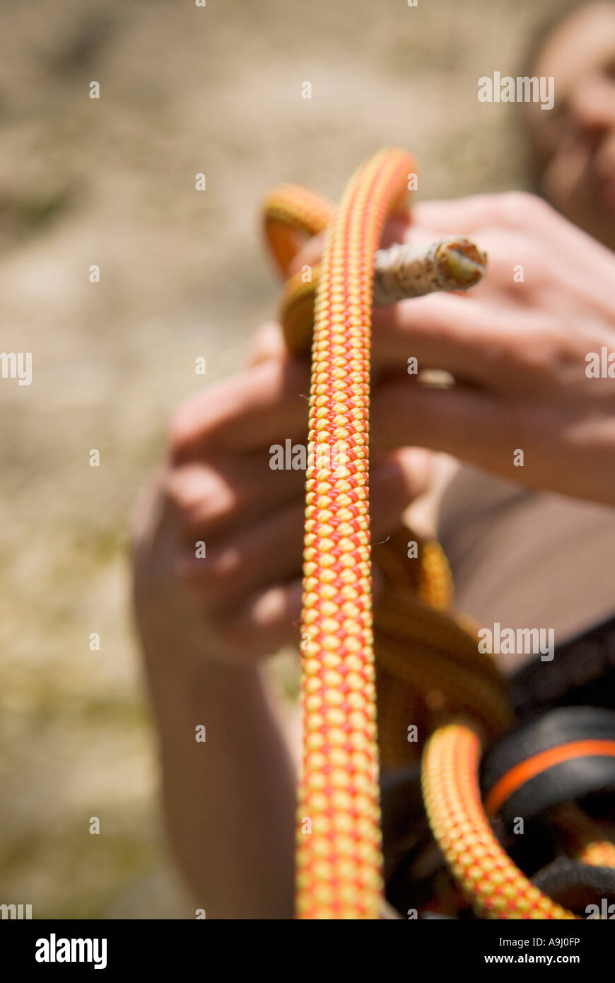 Female Rock Climber ties a followthroughfigureofeight knot onto rock climbing harness Stock
