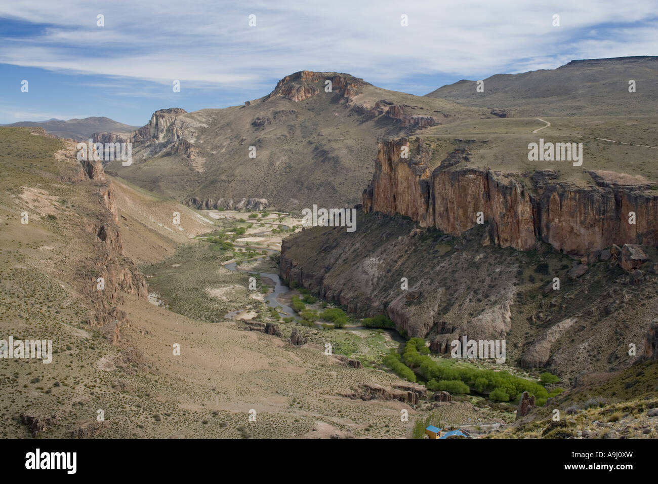 Argentina Santa Cruz Province Eroded river valley along Rio Pinturas near Cueva de los Manos Stock Photo