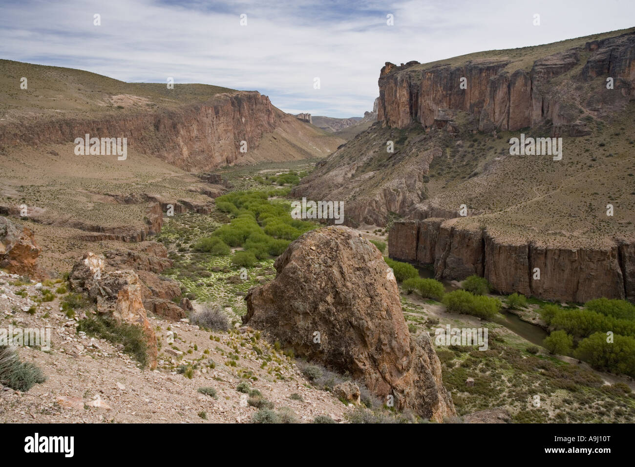 Argentina Santa Cruz Province Eroded river valley along Rio Pinturas near Cueva de los Manos Stock Photo