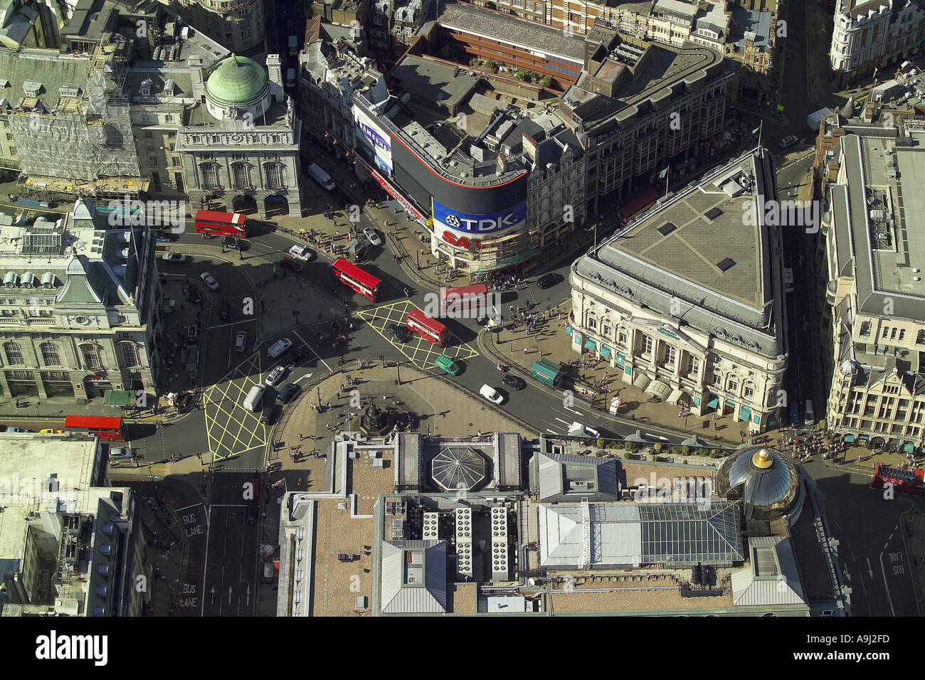 Aerial view of Piccadilly Circus in the West End of London, featuring