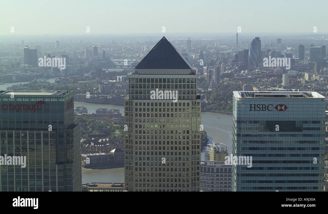 Aerial view of rooftops at Canary Wharf on the Isle of Dogs with the