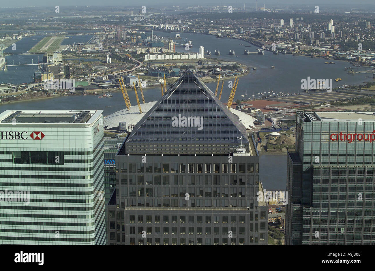 Aerial view of rooftops at Canary Wharf on the Isle of Dogs in London