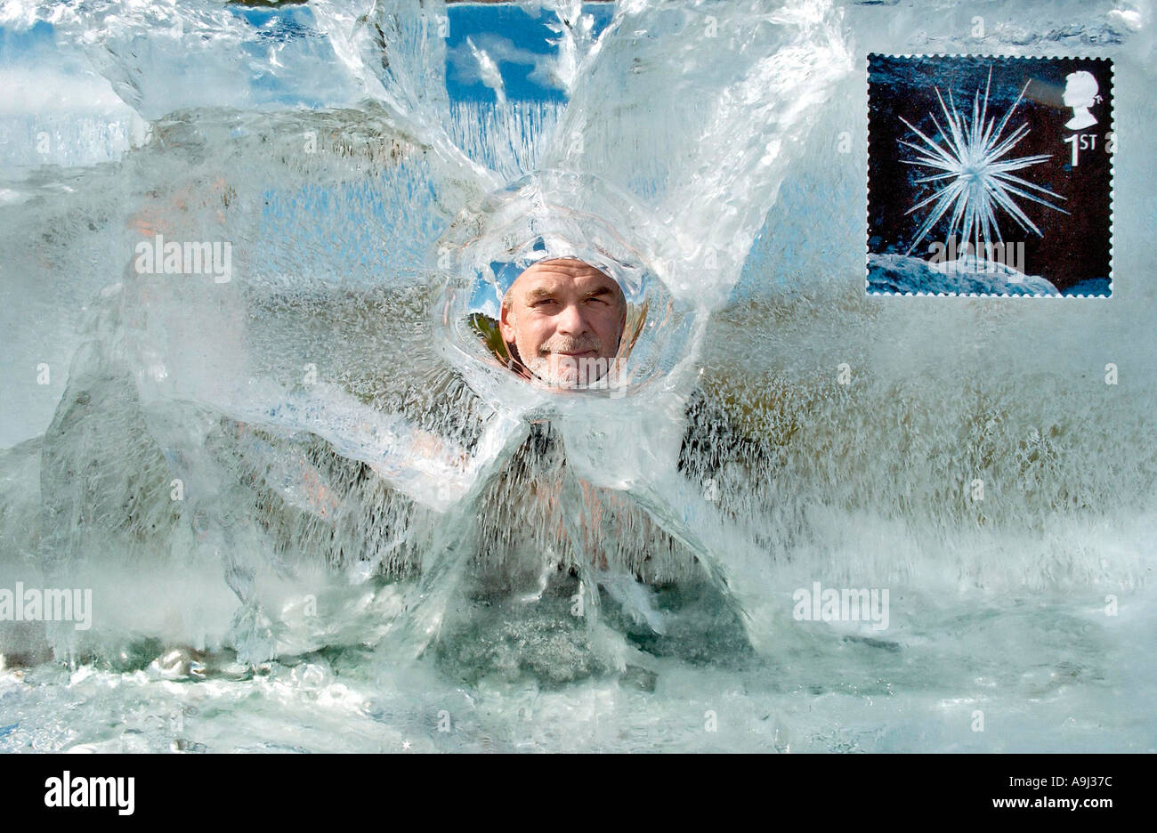 Sculptor Andy Goldsworthy appears set in a block of ice Stock Photo