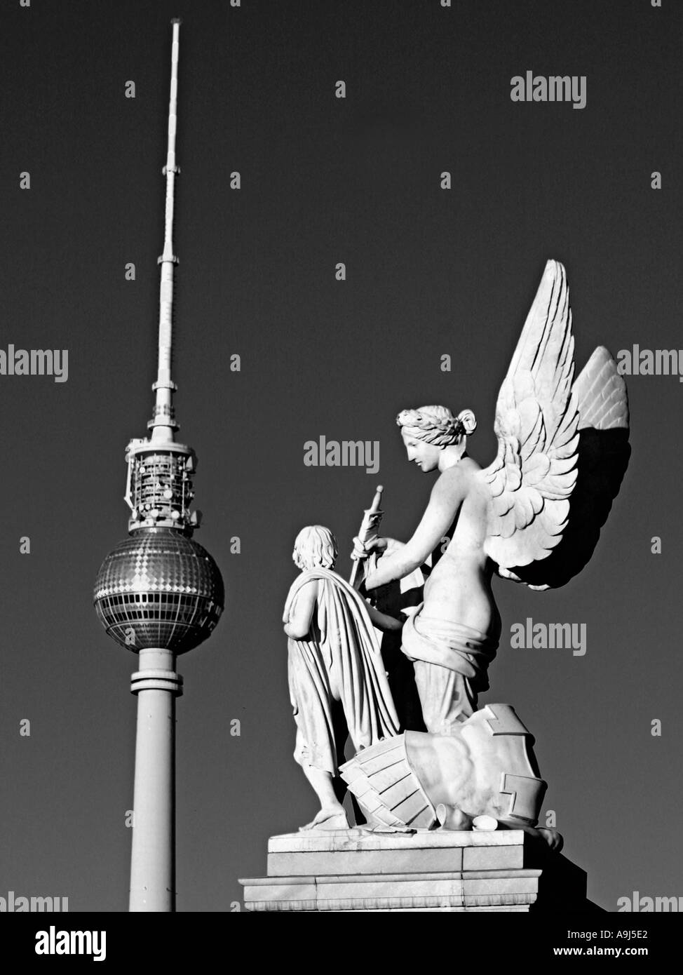 Berlin Alex Television Tower Sculpture by Schinkel castle bridge Stock Photo