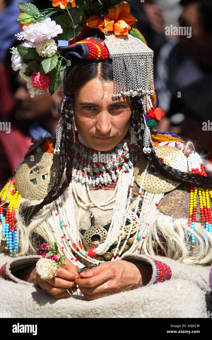 A lady with traditional silver ornament at Leh festival, Leh, Ladakh