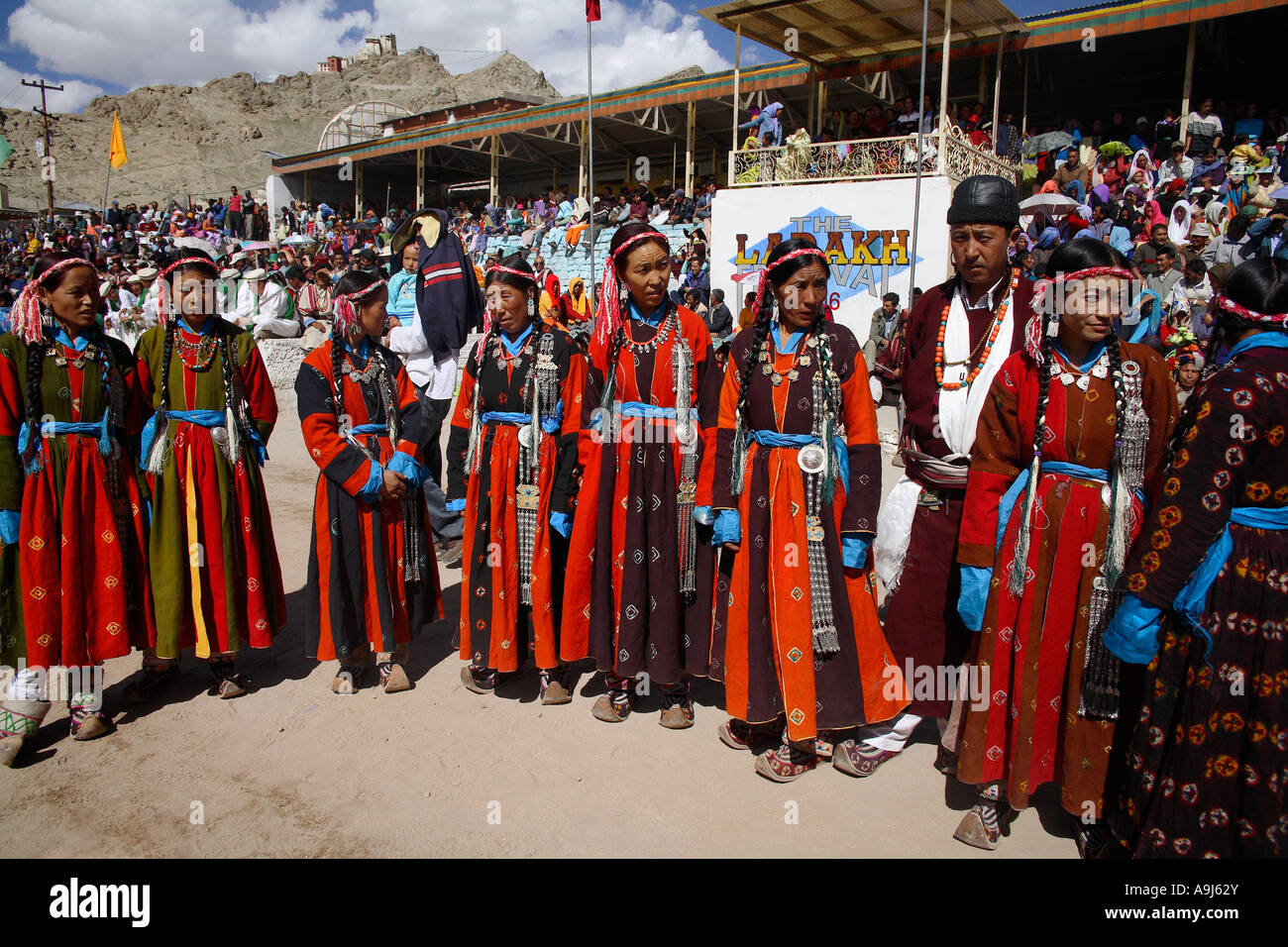 Local folkdance group at Leh festival, Leh, Ladakh, Jammu Kashmir, India Stock Photo