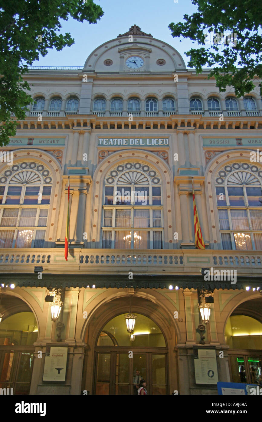 spain Barcelona Ramblas opera fassade illuminated at night Stock Photo