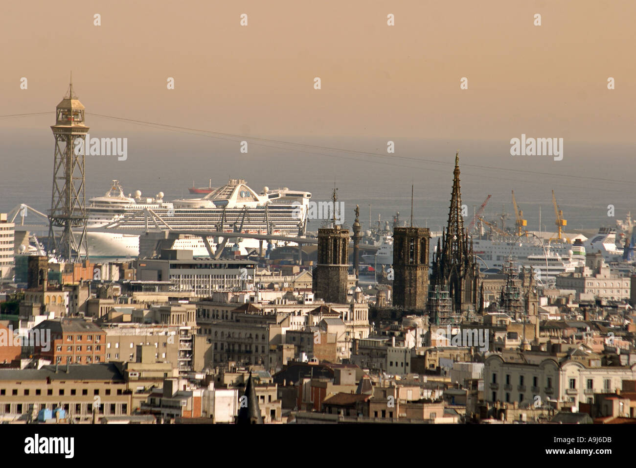 Barcelona view from Sagrada Famlia skyline cathedral harbour cruising ship  Stock Photo