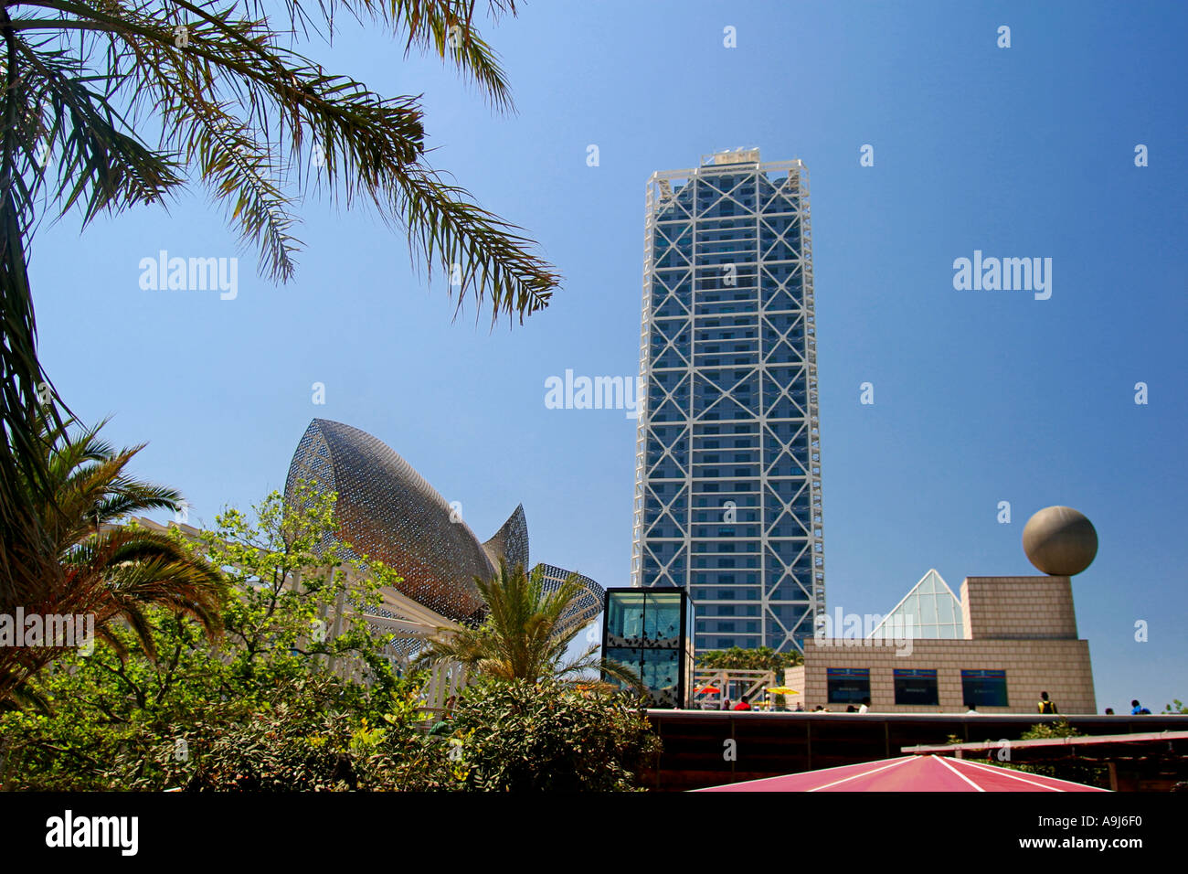 ESP Spain Barcelona beach Platja de la Barceloneta Hotels Arts skulpture by Frank Gehry Passeig Maritim Promenade  Stock Photo