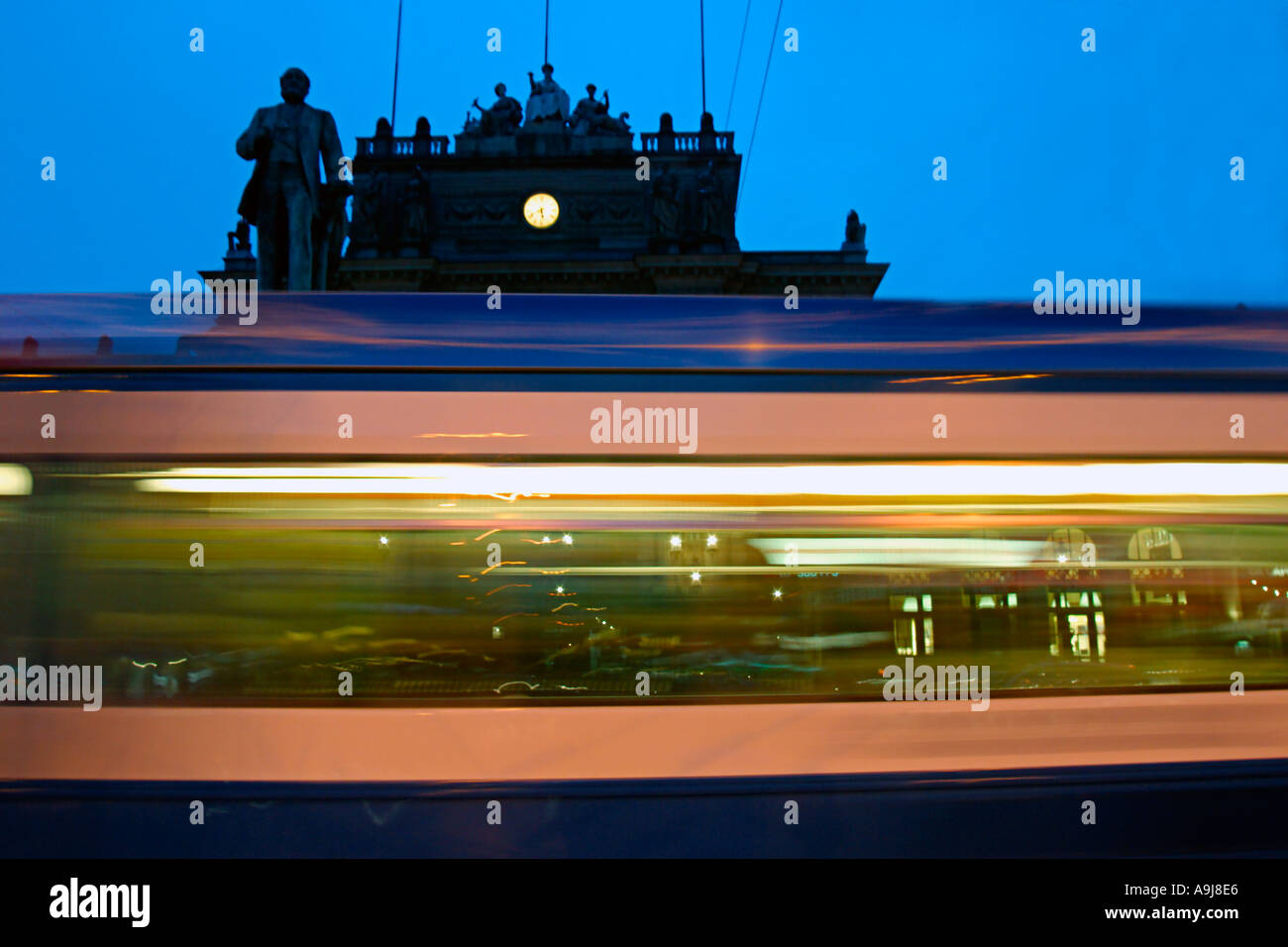 Zurich railway station tram blurred twilight Stock Photo