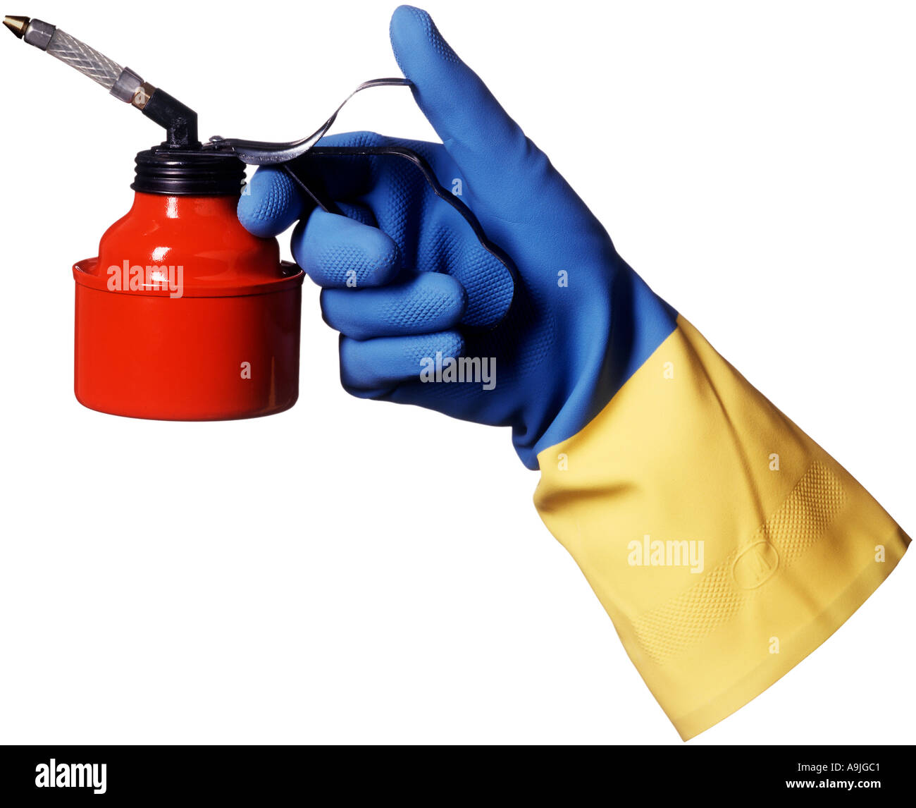 rubber glove with oil can Stock Photo Alamy