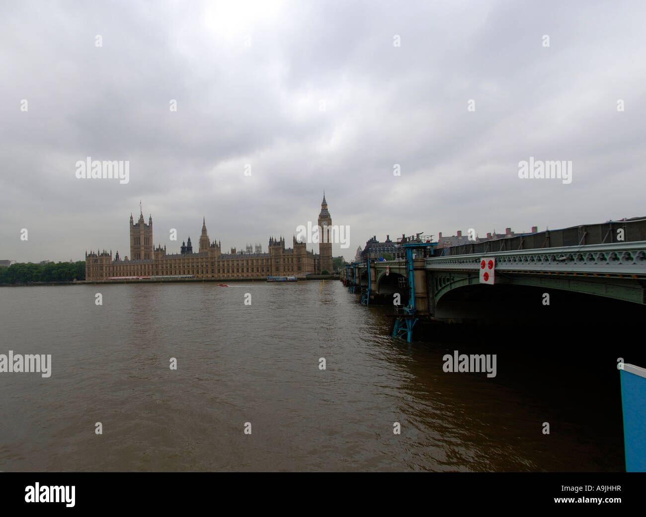 The Houses of Parliament and Big Ben and Westminster Bridge from the South Bank of the River Thames in London Stock Photo