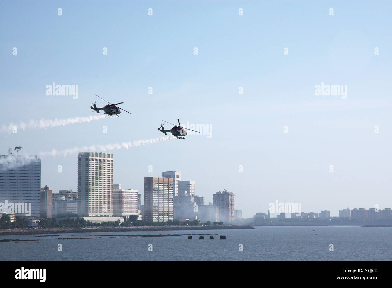 two helicopters at Air Show by Air Force India at Marine Drive Bombay now Mumbai Maharashtra India on 17 october 2004 Stock Photo