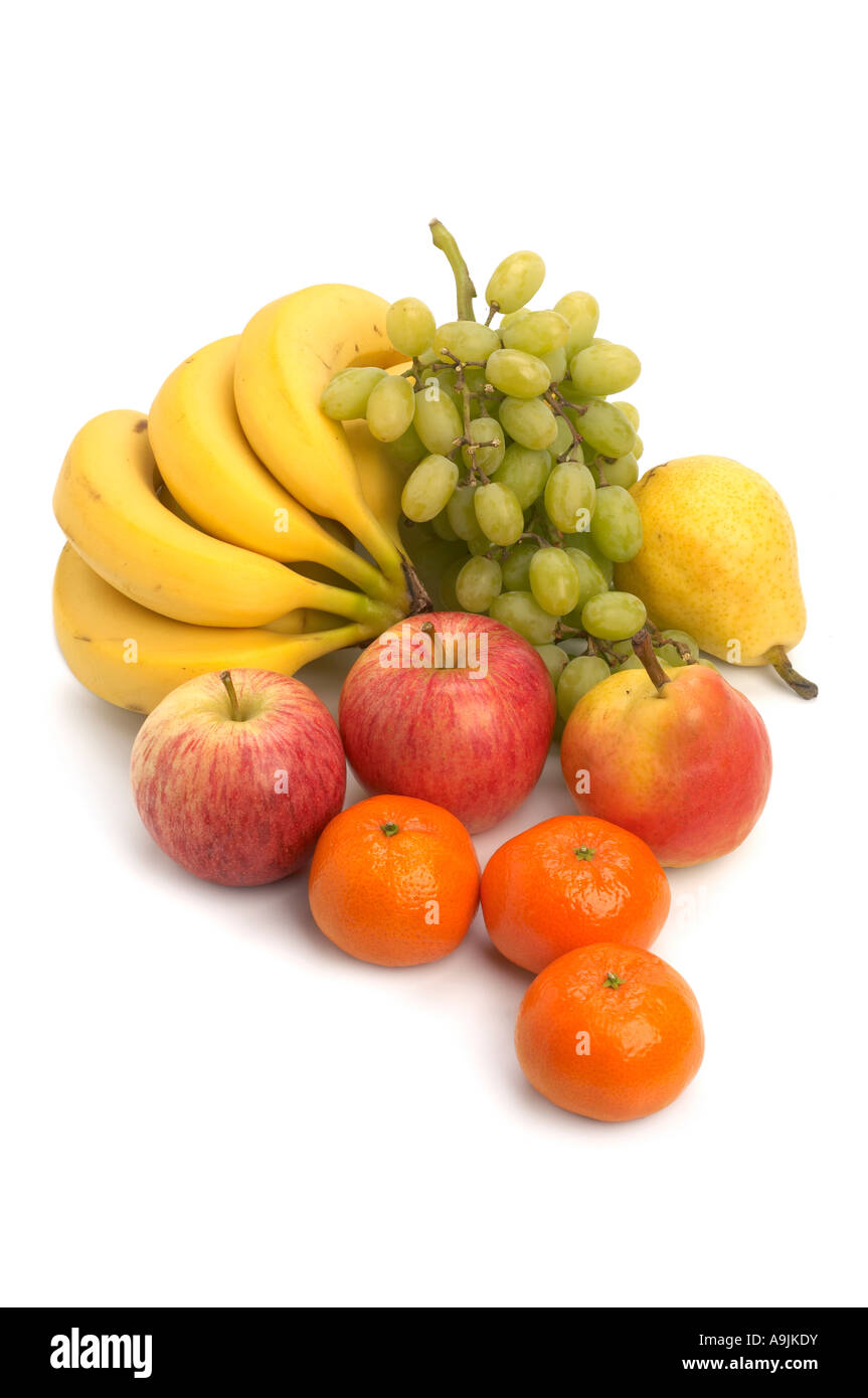 Collection of fruit bananas pear clementines grapes and apples Stock ...