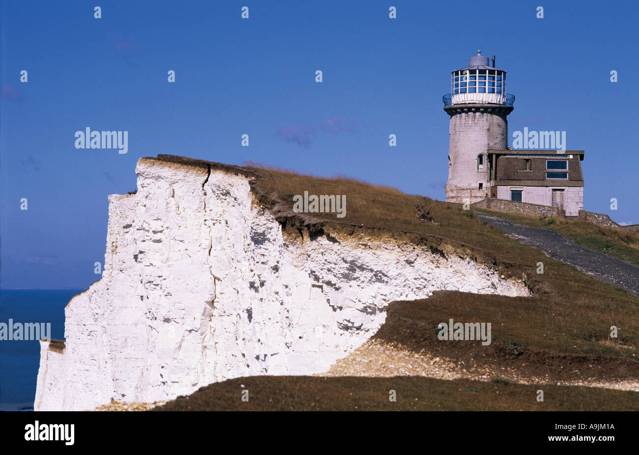 850 ton Lighthouse was moved 55 feet in March 1999 due to erosion of the chalk cliffs East Sussex west of Beachy Head Stock Photo