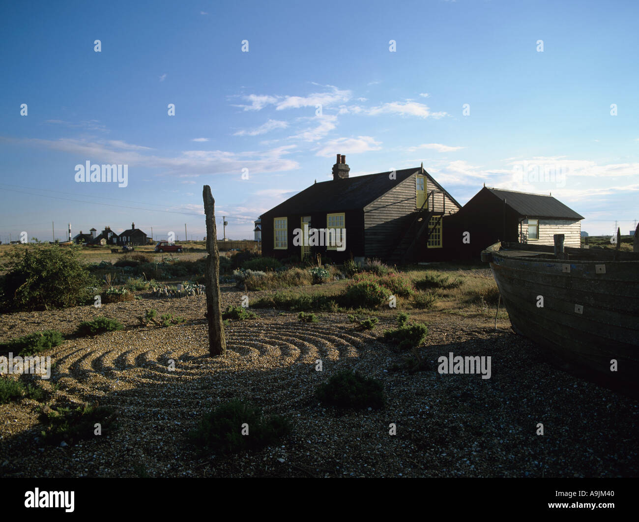 Sophisticated minimalist rock garden of late film director DEREK JARMAN by his small cottage at Dungeness East Sussex Stock Photo