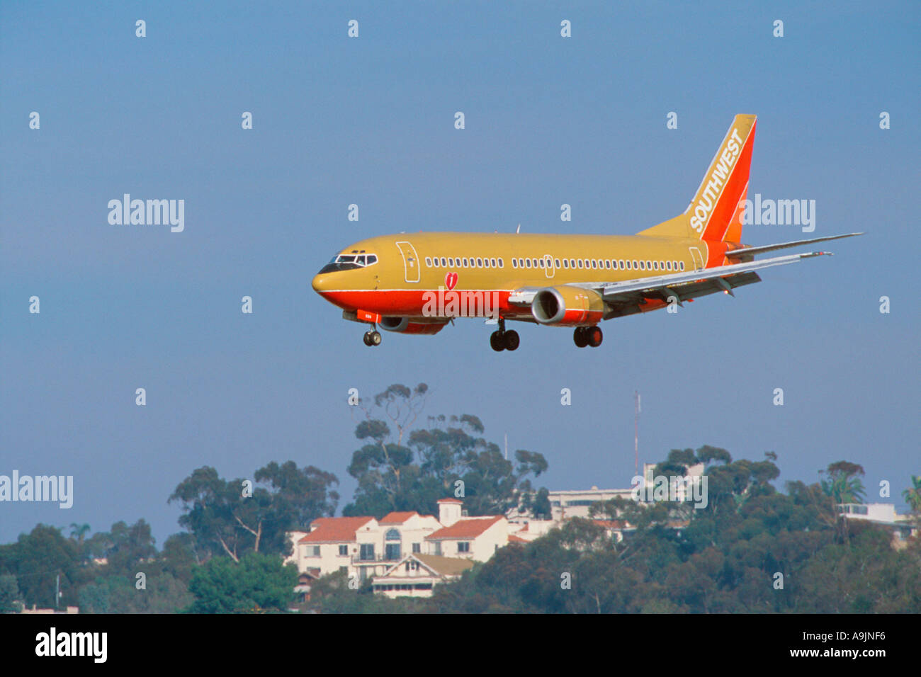 Southwest Airlines 737 jet approaching San Diego International airport Stock Photo