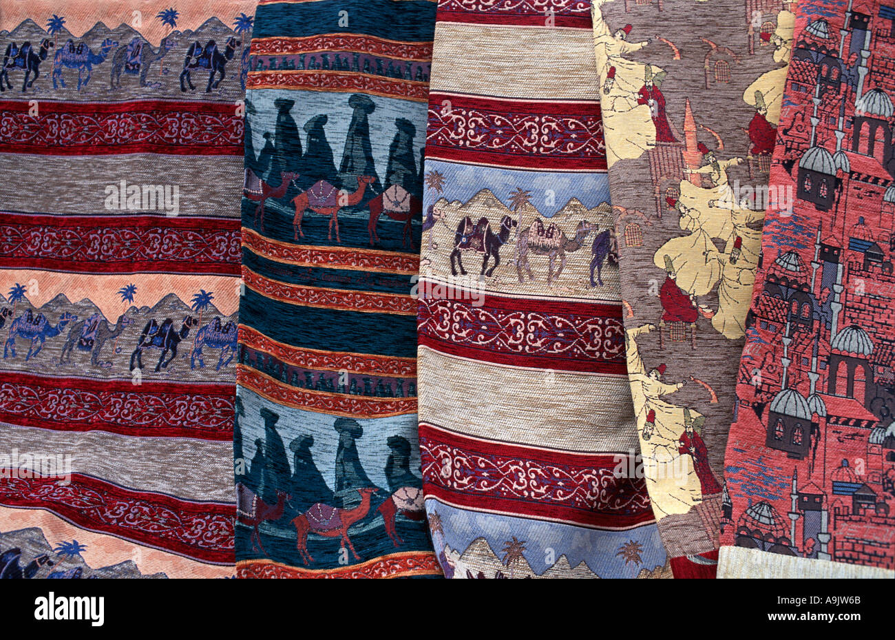 Display of woven fabrics with distinctive motifs for sale at souvenir