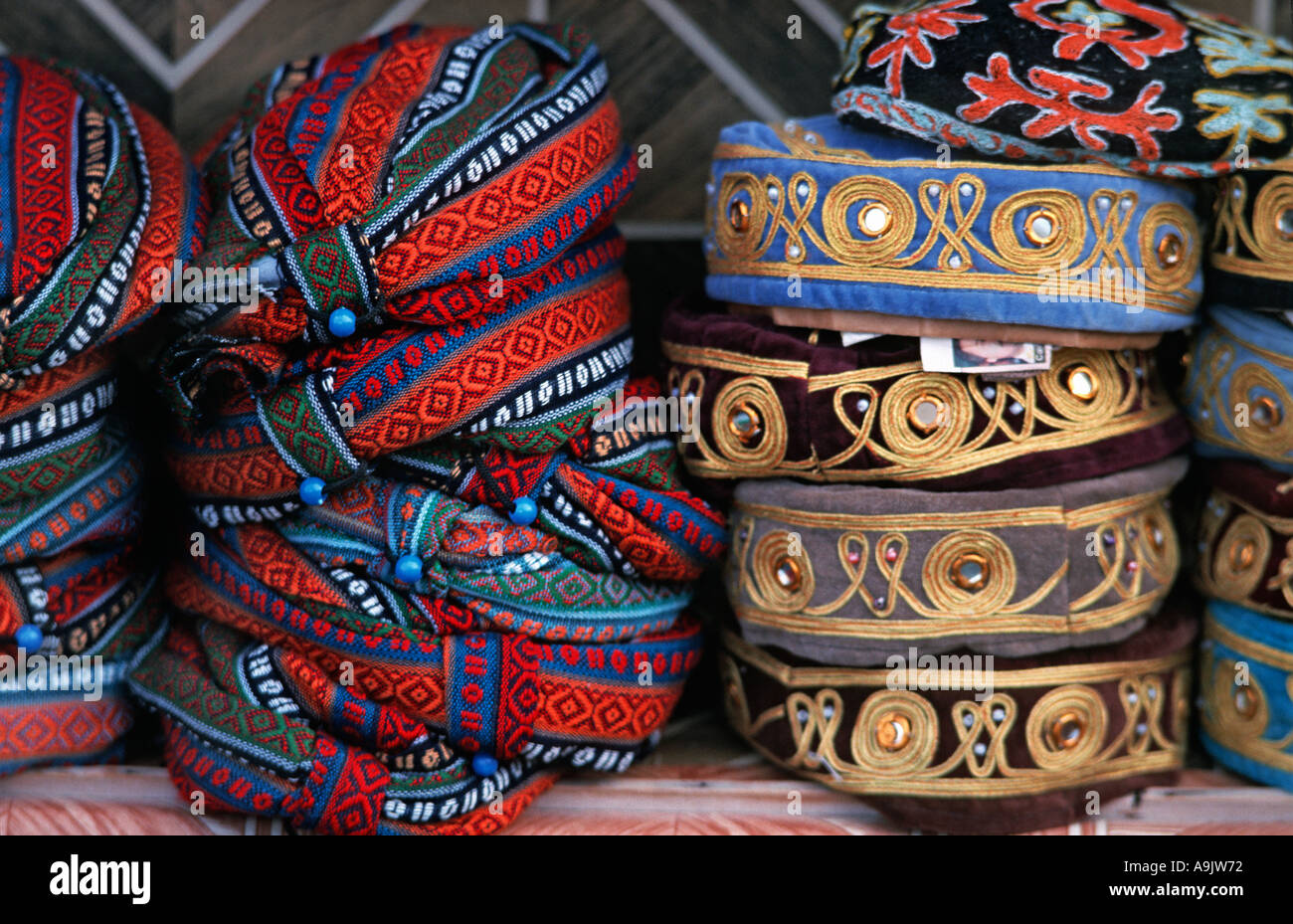Detail of stacks of woven hats for sale at souvenir market Detail of stacks of woven hats for sale at souvenir market