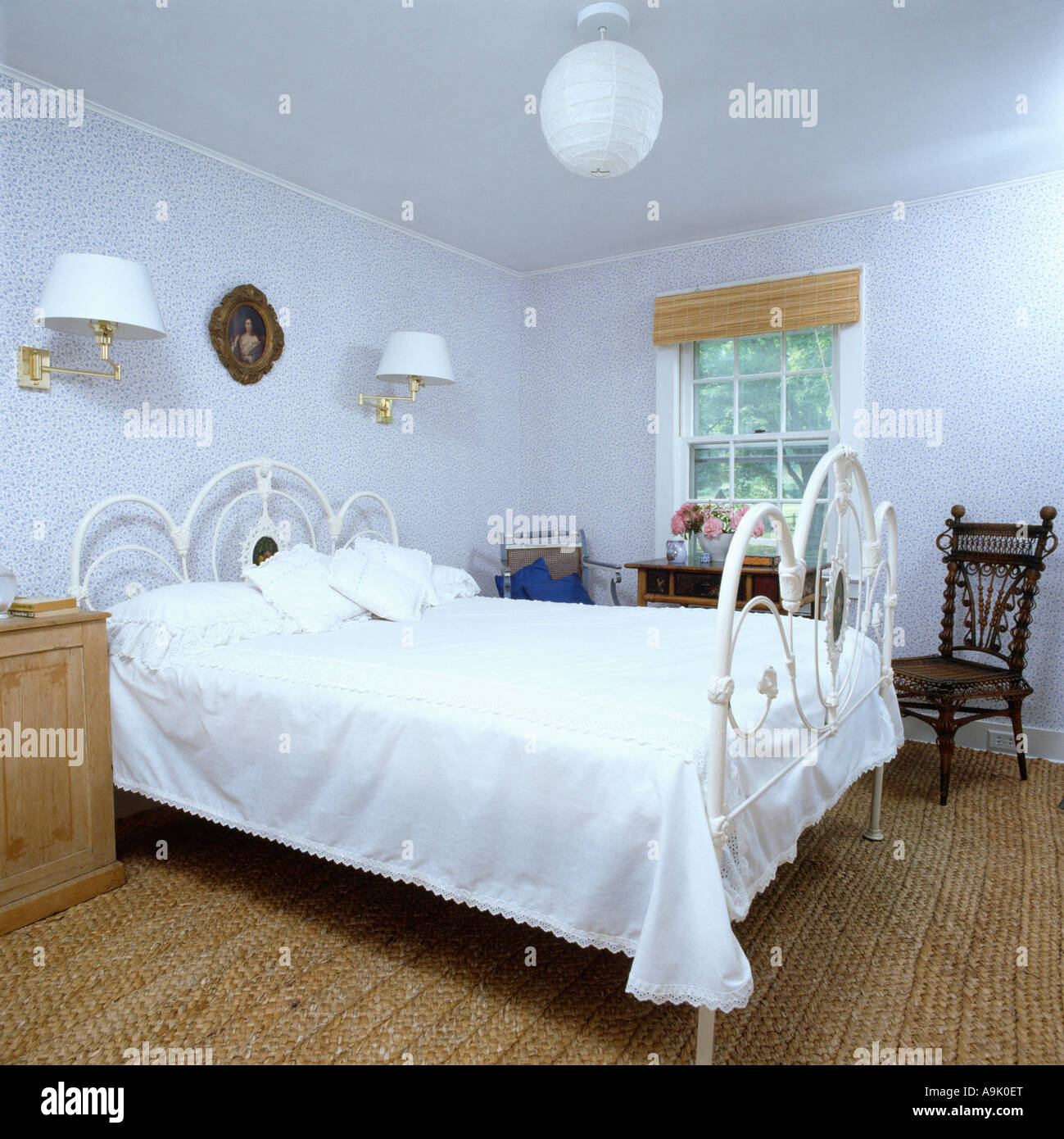 White Wrought Iron Bed In White Country Bedroom With