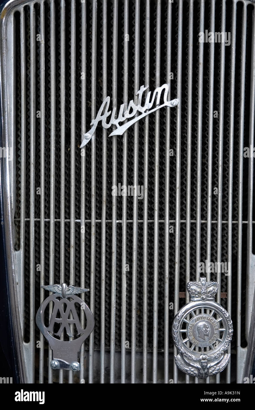 Vintage Austin car detail of grille and badges Stock Photo